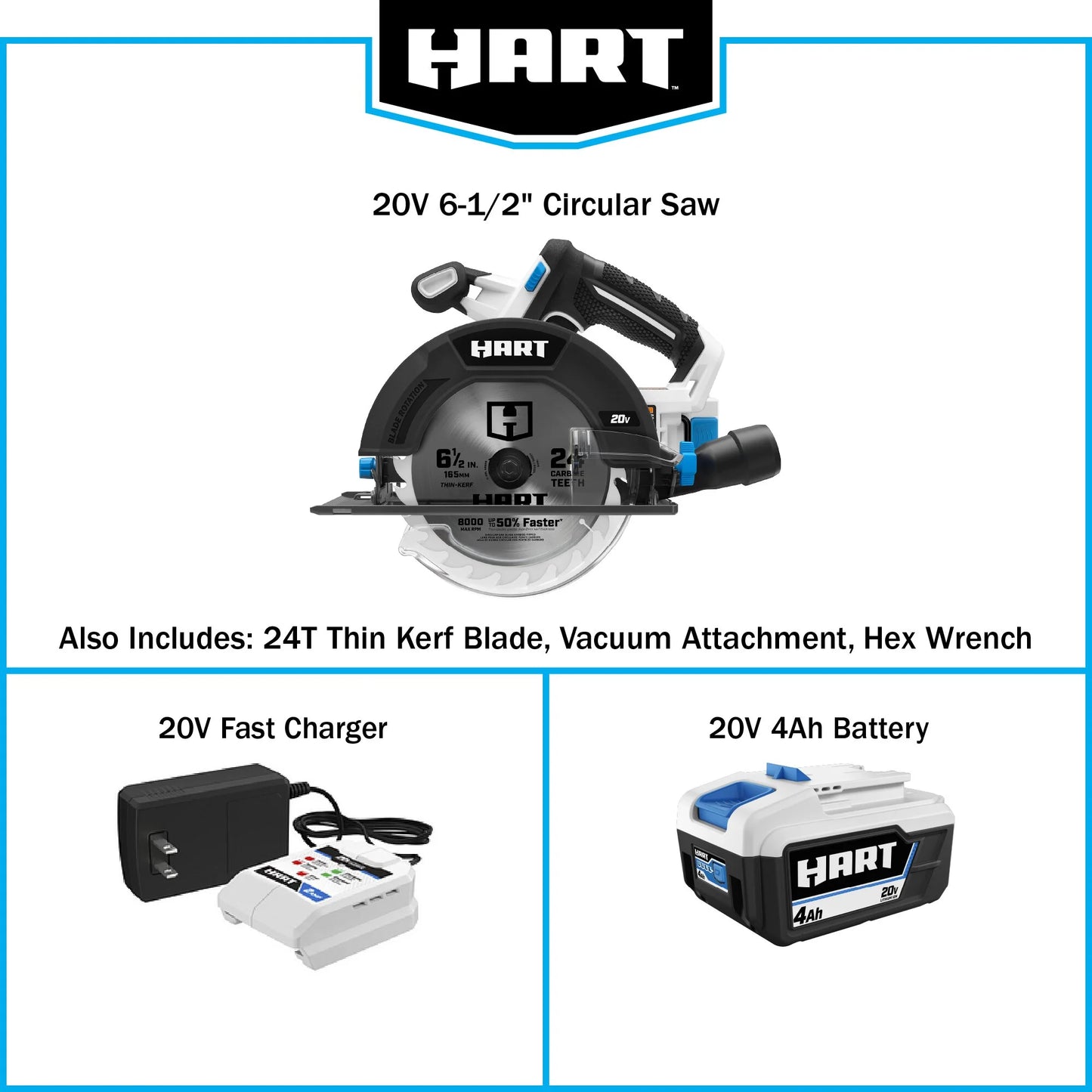 HART 20-Volt 6 1/2-Inch Cordless Circular Saw Kit (1) 20-Volt 4.0Ah Lithium-Ion Battery