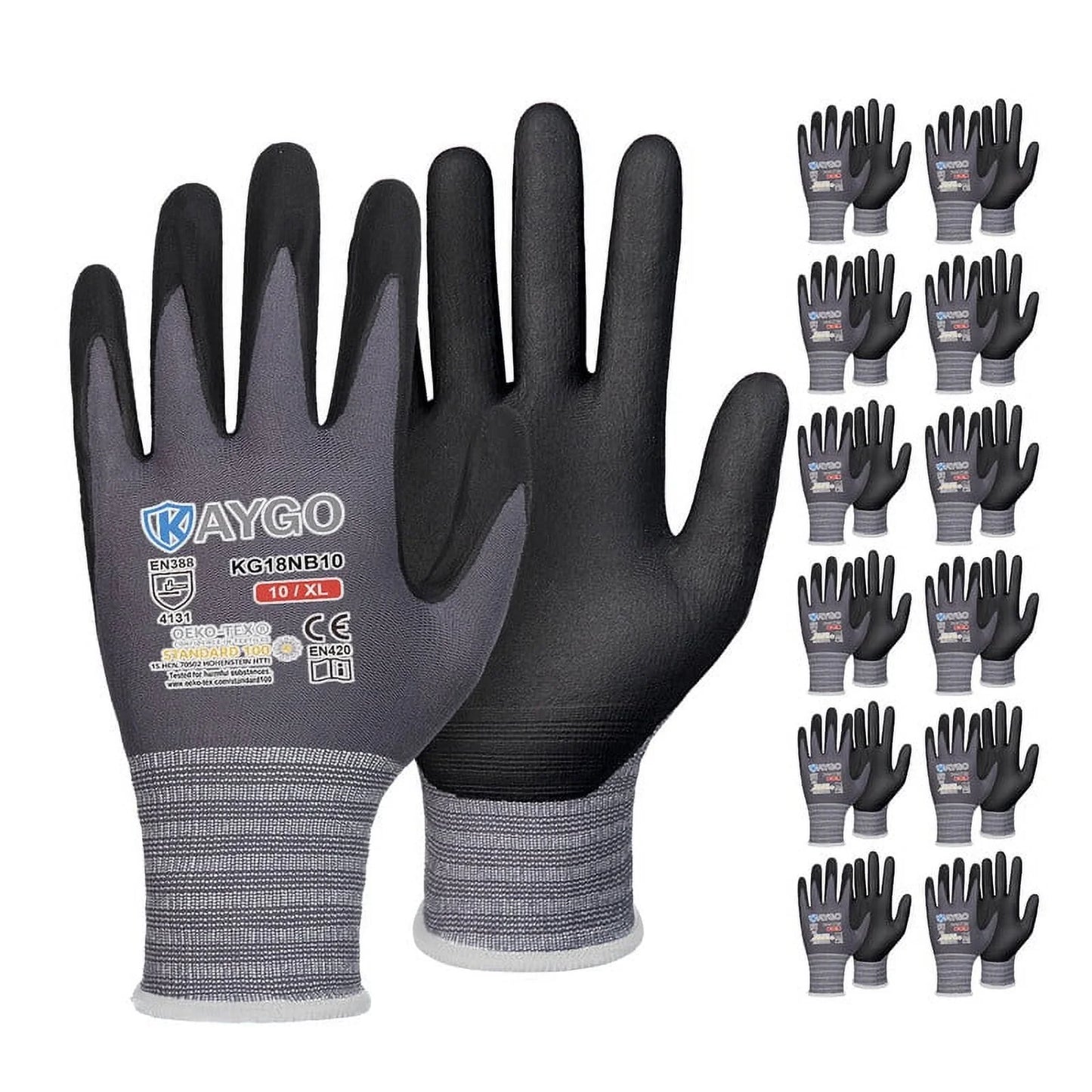 KAYGO Safety Work Gloves, Microfoam Nitrile Coated, 12 Pairs, Seamless Knit Nylon,Gray, XL