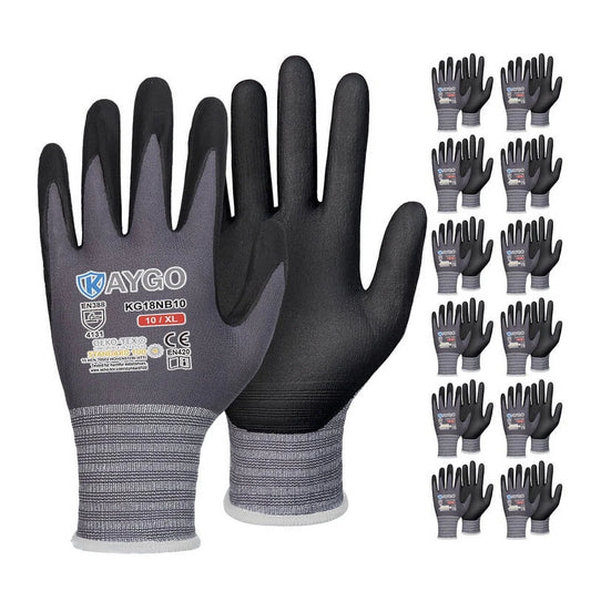 KAYGO Safety Work Gloves, Microfoam Nitrile Coated, 12 Pairs, Seamless Knit Nylon,Gray, XL