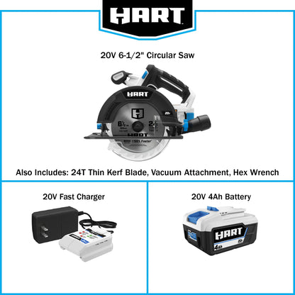 HART 20-Volt 6 1/2-Inch Cordless Circular Saw Kit (1) 20-Volt 4.0Ah Lithium-Ion Battery