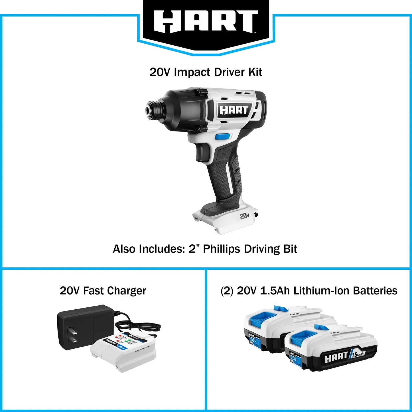 HART 20-Volt Cordless 1/4" Hex Chuck Impact Driver Kit, (2) 1.5Ah Lithium-Ion Batteries, Gen 2
