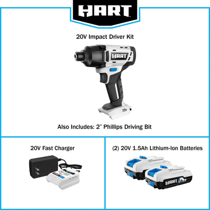 HART 20-Volt Cordless 1/4" Hex Chuck Impact Driver Kit, (2) 1.5Ah Lithium-Ion Batteries, Gen 2