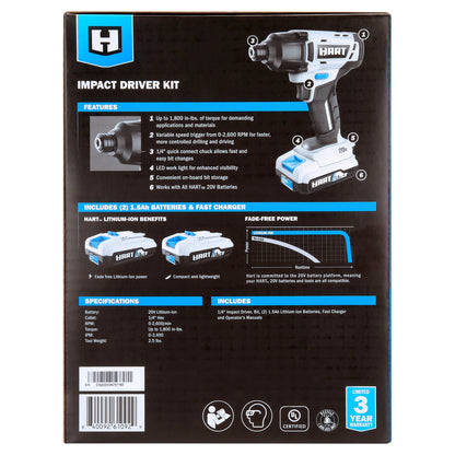 HART 20-Volt Cordless 1/4" Hex Chuck Impact Driver Kit, (2) 1.5Ah Lithium-Ion Batteries, Gen 2