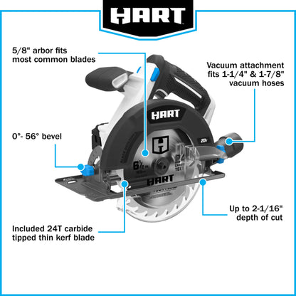 HART 20-Volt 6 1/2-Inch Cordless Circular Saw Kit (1) 20-Volt 4.0Ah Lithium-Ion Battery