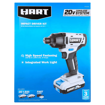 HART 20-Volt Cordless 1/4" Hex Chuck Impact Driver Kit, (2) 1.5Ah Lithium-Ion Batteries, Gen 2