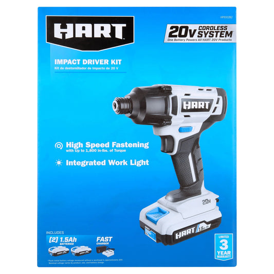 HART 20-Volt Cordless 1/4" Hex Chuck Impact Driver Kit, (2) 1.5Ah Lithium-Ion Batteries, Gen 2